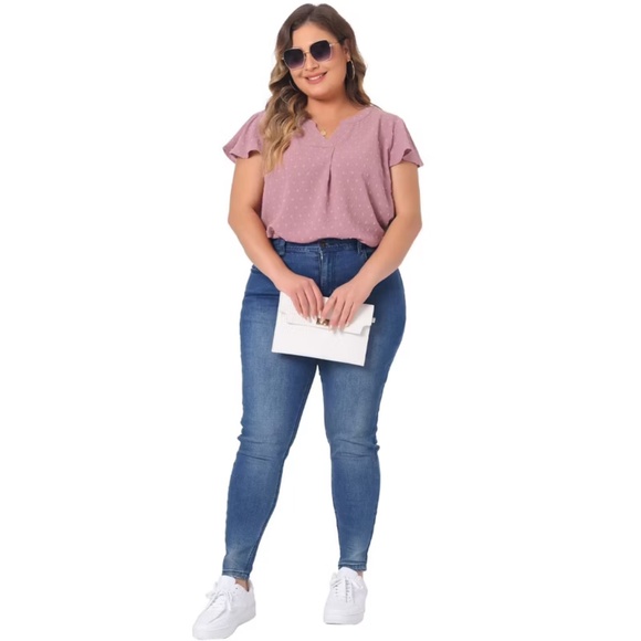 Plus Size Summer V Neck Ruffle Short Sleeve Swiss Dot Flowy Blouses | SIZE: 1X - Picture 2 of 8